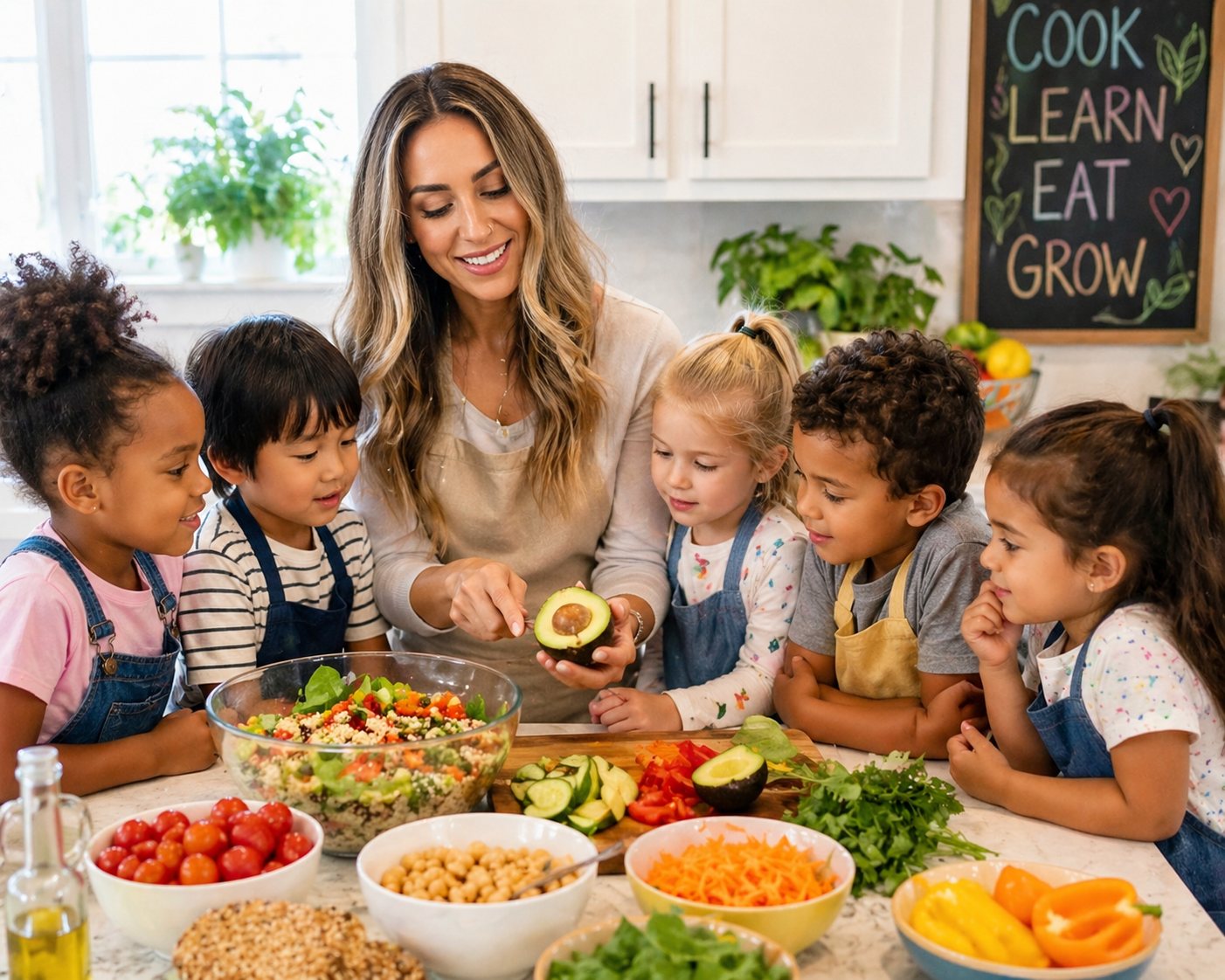 Sarah teaching children to cook with fresh ingredients