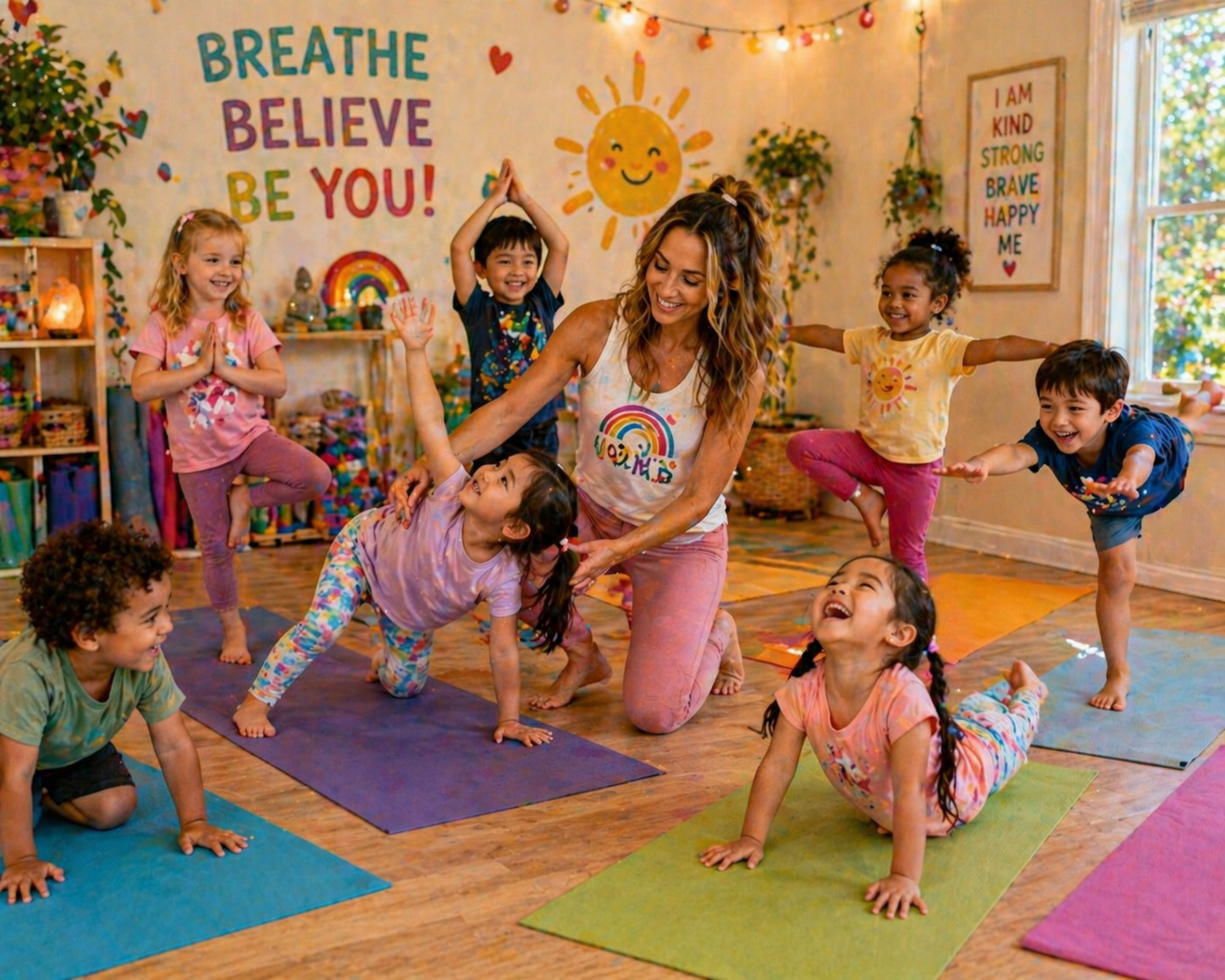 Sarah leading a baby yoga class with toddlers